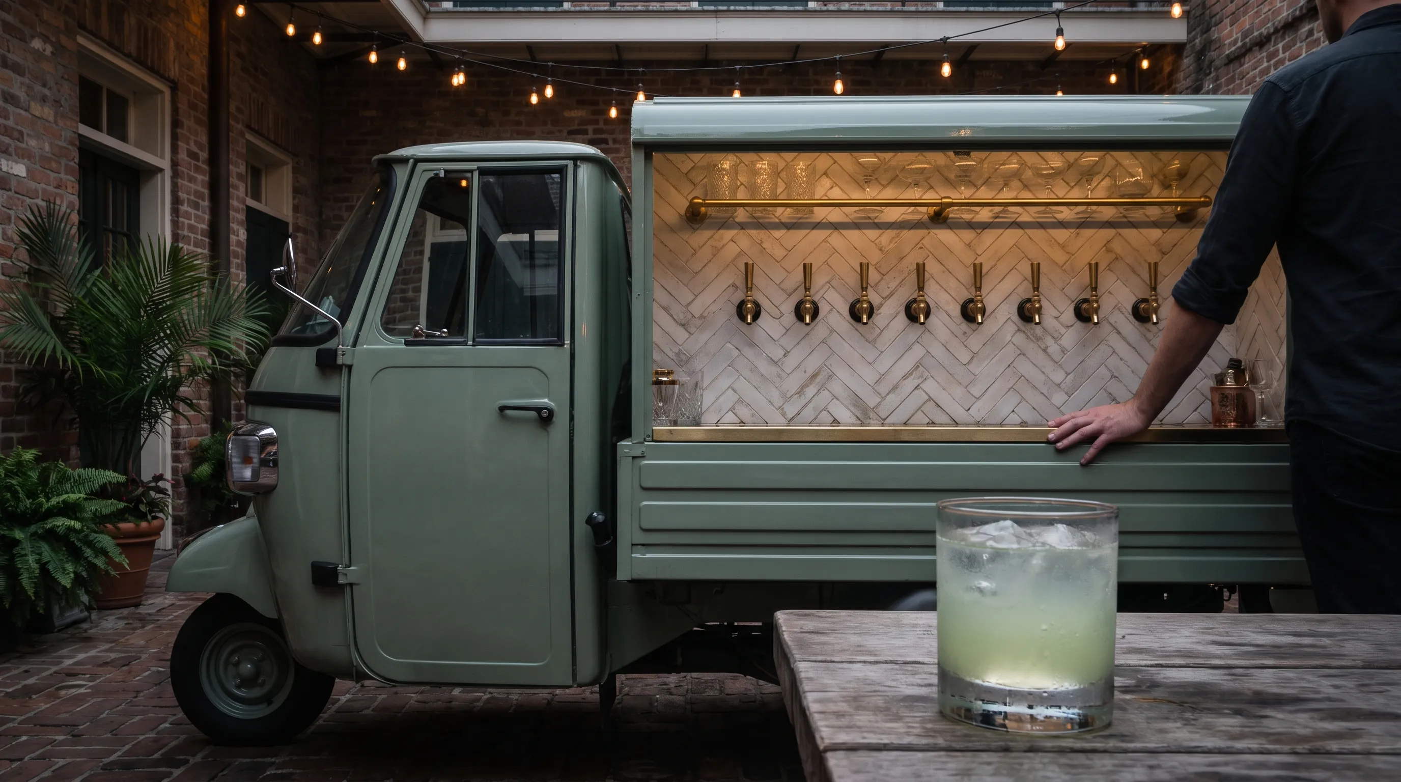 Illustrative sage-green mobile bar in a courtyard at dusk